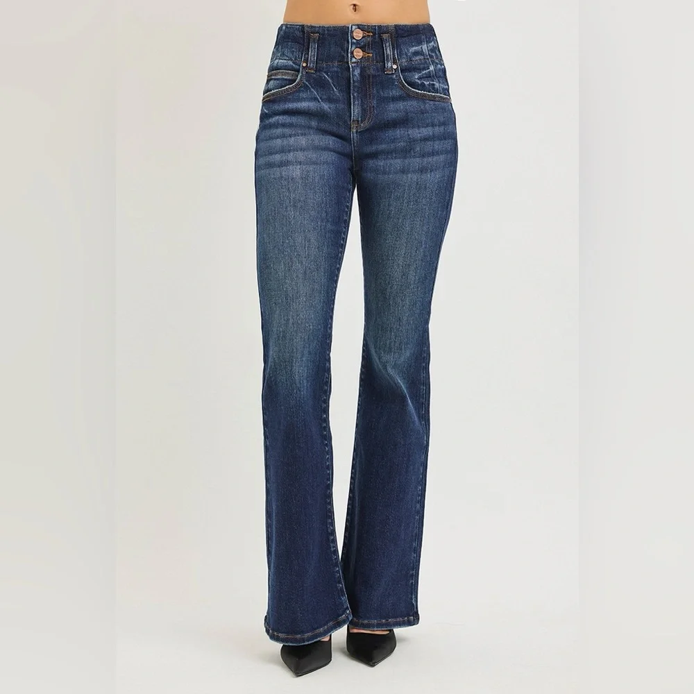 RISEN High Rise Flare Jeans With Seam Detail Waistband - Picture 1 of 7